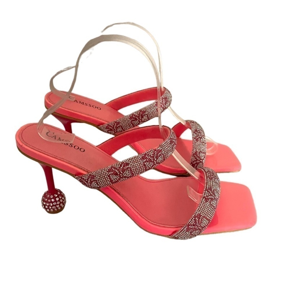 CAMSSOO Women's Double
Rhinestones strap Heels Sandals Rose Red size 42 - Picture 3 of 15